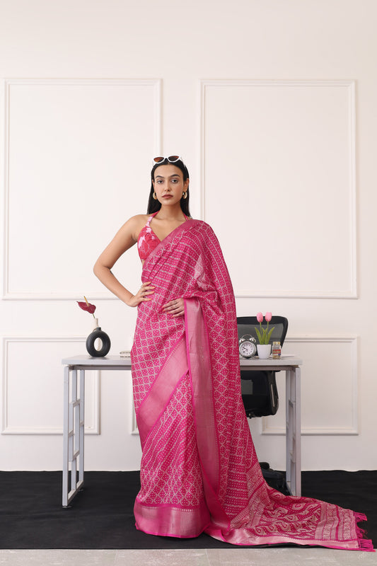 Dhiyona TI Women's Ready To Wear Pink Printed Saree with Unstitched Blouse