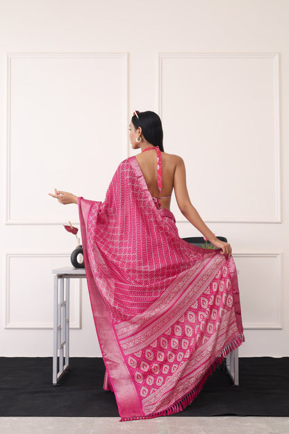 Dhiyona TI Women's Ready To Wear Pink Printed Saree with Unstitched Blouse