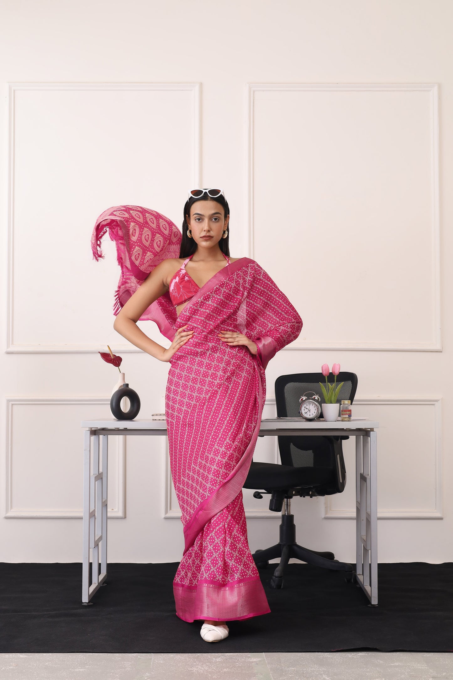Dhiyona TI Women's Ready To Wear Pink Printed Saree with Unstitched Blouse