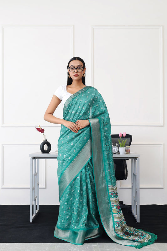 Dhiyona TI Women's Ready To Wear Green Printed Saree with Unstitched Blouse