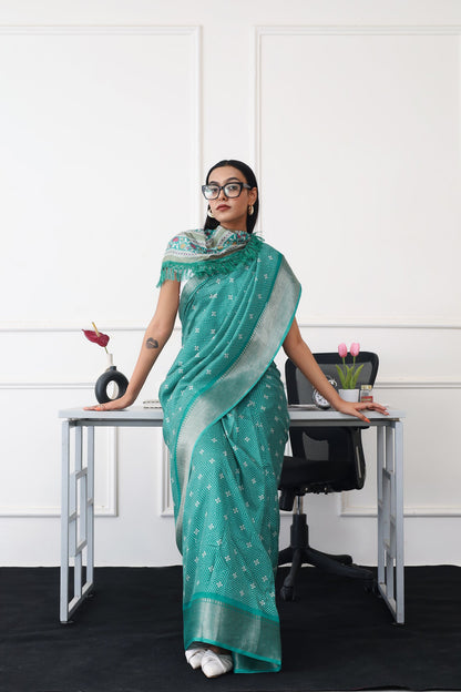 Dhiyona TI Women's Ready To Wear Green Printed Saree with Unstitched Blouse