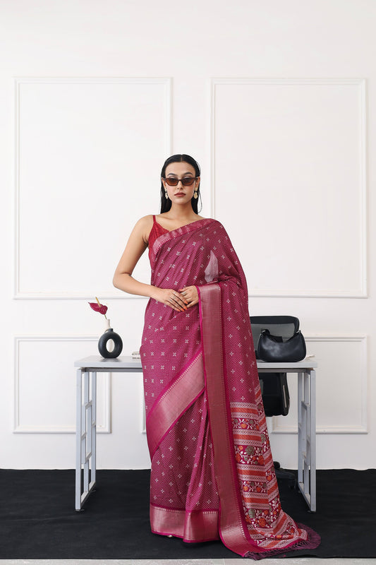 Dhiyona TI Women's Ready To Wear Magenta Printed Saree with Unstitched Blouse