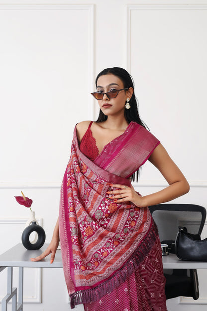 Dhiyona TI Women's Ready To Wear Magenta Printed Saree with Unstitched Blouse