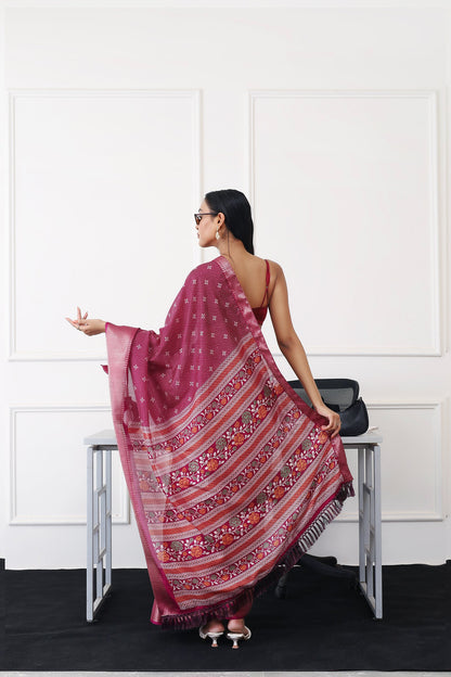 Dhiyona TI Women's Ready To Wear Magenta Printed Saree with Unstitched Blouse