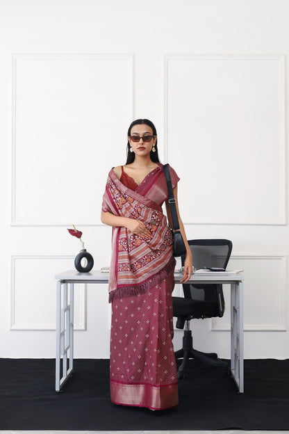 Dhiyona TI Women's Ready To Wear Magenta Printed Saree with Unstitched Blouse