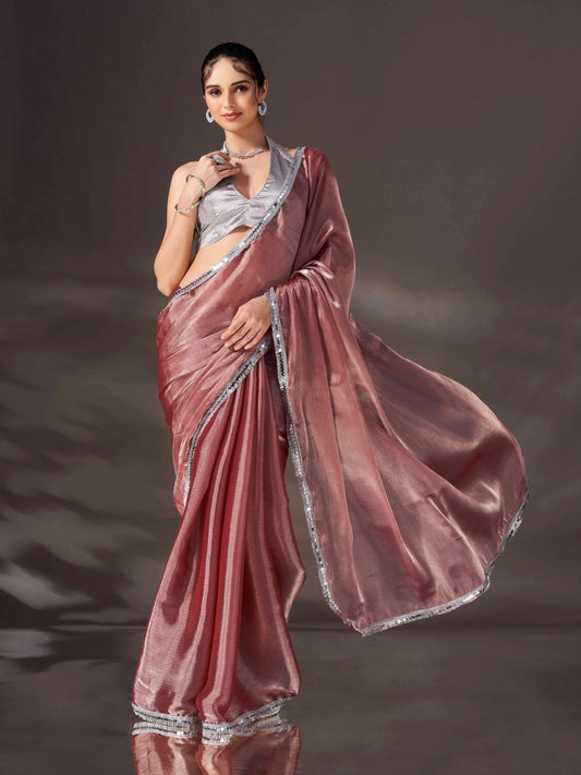 Dhiyona TI Women's Maroon Shimmer Satin Chiffon Saree With Unstitched Blouse