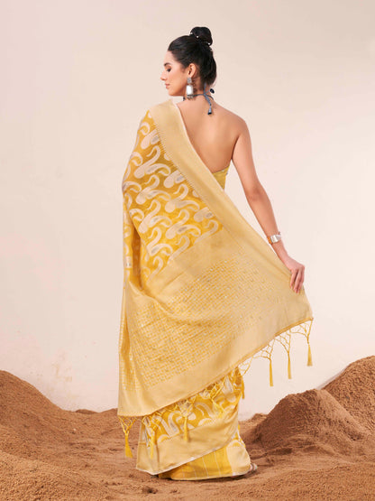 Dhiyona TI Women's Ready To Wear Yellow Woven Saree with Unstitched Blouse
