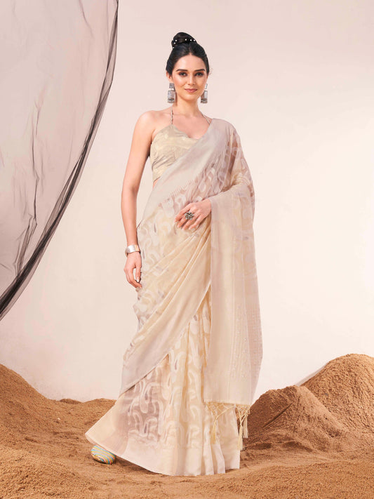 Dhiyona TI Women's Ready To Wear Beige Woven Saree with Unstitched Blouse