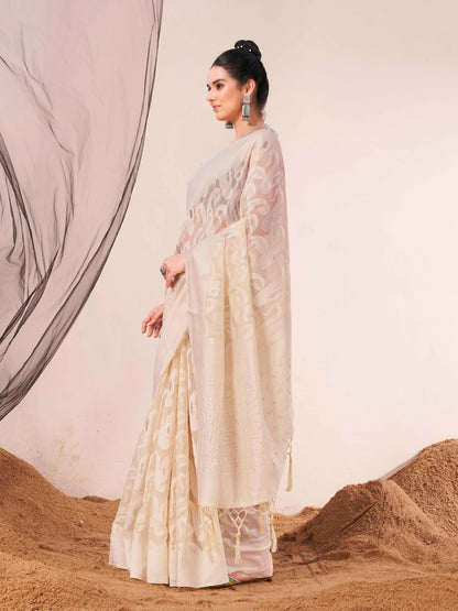 Dhiyona TI Women's Ready To Wear Beige Woven Saree with Unstitched Blouse
