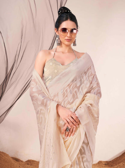 Dhiyona TI Women's Ready To Wear Beige Woven Saree with Unstitched Blouse