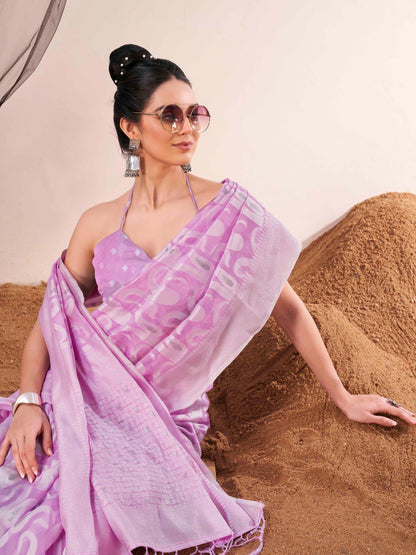Dhiyona TI Women's Ready To Wear Lavender Woven Saree with Unstitched Blouse