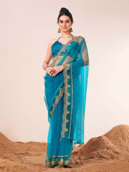 Dhiyona TI Women's Firozi Colored Net Embellished Saree with Unstitched Blouse