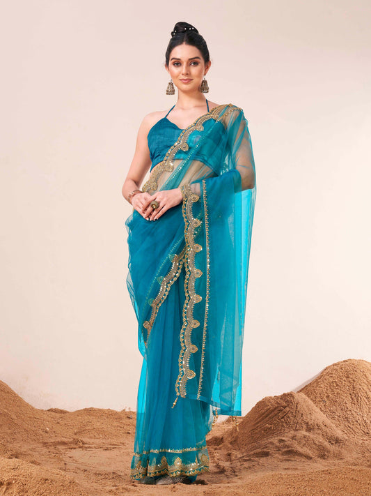 Dhiyona TI Women's Firozi Colored Net Embellished Saree with Unstitched Blouse