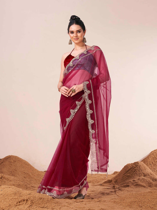 Dhiyona TI Women's Maroon Colored Net Embellished Saree with Unstitched Blouse