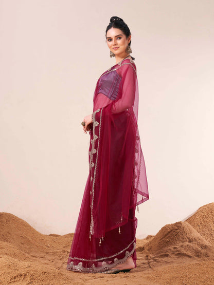 Dhiyona TI Women's Maroon Colored Net Embellished Saree with Unstitched Blouse