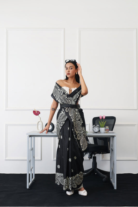 Dhiyona TI Women's Ready To Wear Black Colored Printed Satin Saree with Unstitched Blouse