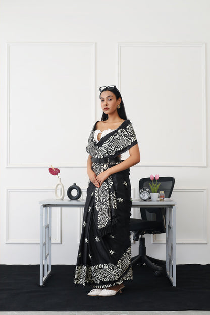 Dhiyona TI Women's Ready To Wear Black Colored Printed Satin Saree with Unstitched Blouse