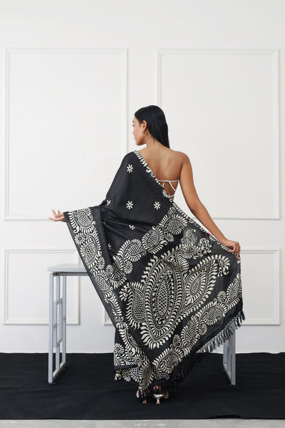 Dhiyona TI Women's Ready To Wear Black Colored Printed Satin Saree with Unstitched Blouse