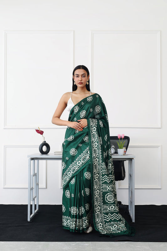 Dhiyona TI Women's Ready To Wear Green Floral Printed Satin Saree with Unstitched Blouse