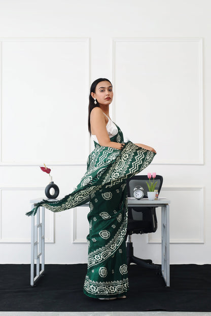 Dhiyona TI Women's Ready To Wear Green Floral Printed Satin Saree with Unstitched Blouse