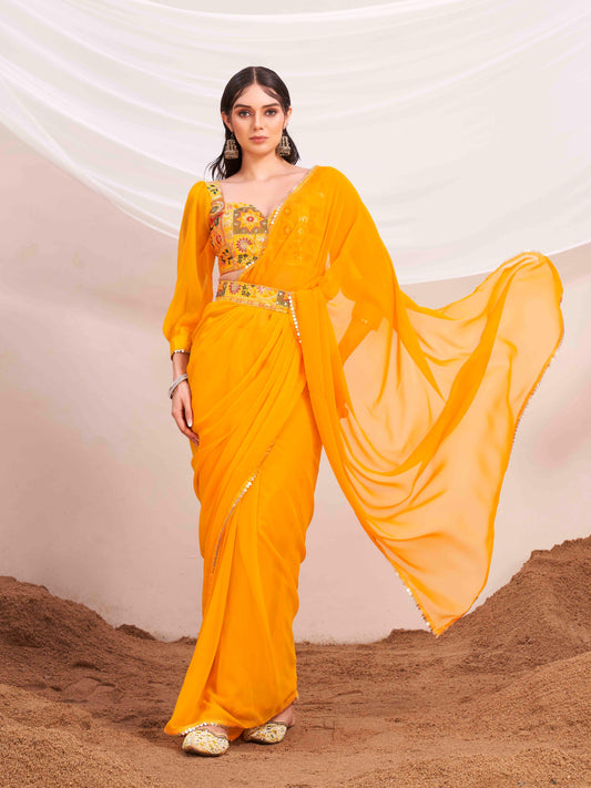 Dhiyona TI Women's Yellow Colored Poly Georgette Saree with Unstitched Blouse and Belt