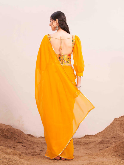 Dhiyona TI Women's Yellow Colored Poly Georgette Saree with Unstitched Blouse and Belt