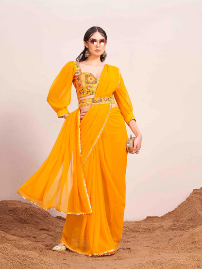Dhiyona TI Women's Yellow Colored Poly Georgette Saree with Unstitched Blouse and Belt