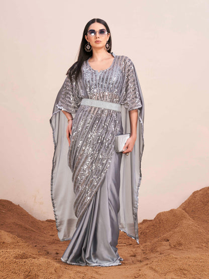 Dhiyona TI Women's Grey Colored Kaftan Designer Saree with Unstitched Blouse Embellished Belt