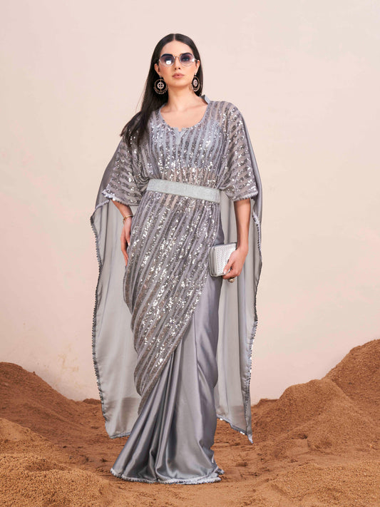 Dhiyona TI Women's Grey Colored Kaftan Designer Saree with Unstitched Blouse Embellished Belt