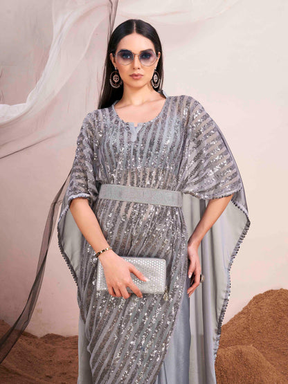 Dhiyona TI Women's Grey Colored Kaftan Designer Saree with Unstitched Blouse Embellished Belt