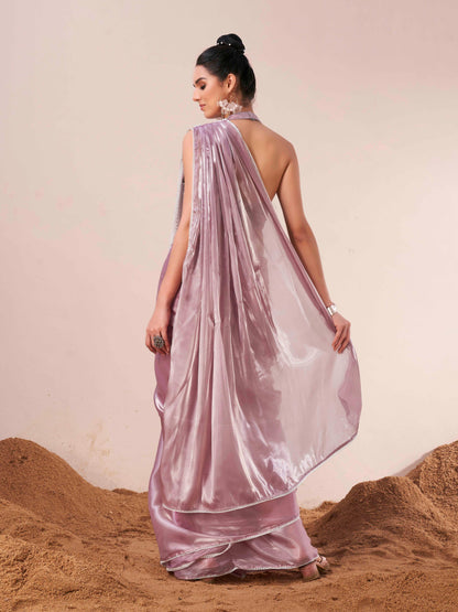Dhiyona TI Women's Lavender Fancy Moti Lace Designer Saree with Unstitched Blouse