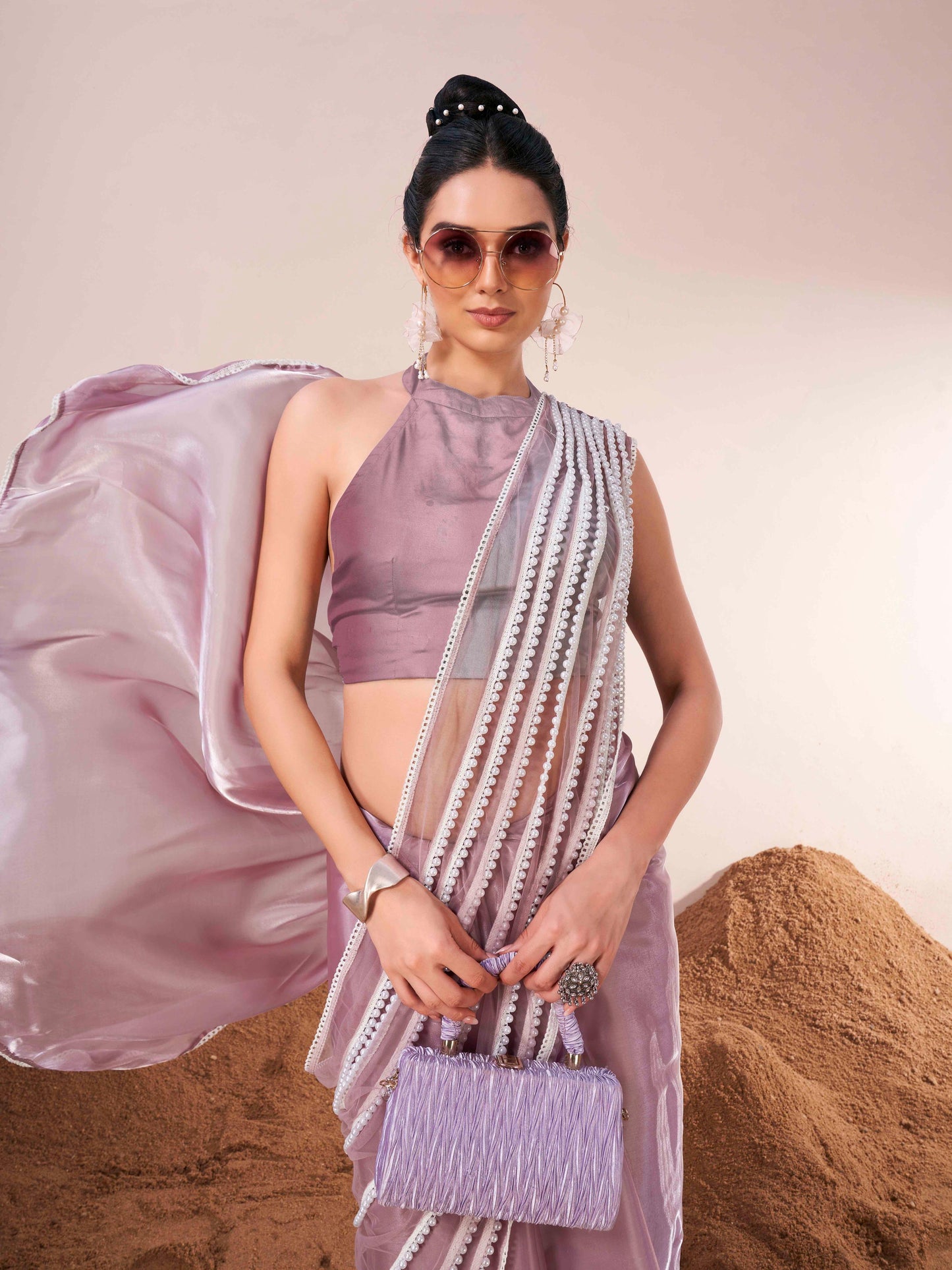 Dhiyona TI Women's Lavender Fancy Moti Lace Designer Saree with Unstitched Blouse