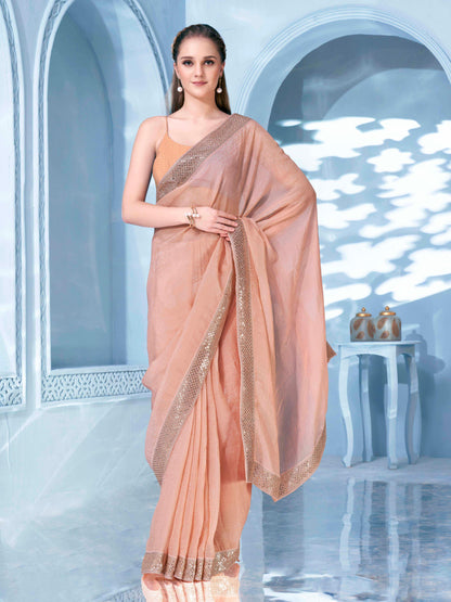 Dhiyona TI Women's Peach Sequined Embroidered Crunchy Saree with Unstitched Blouse