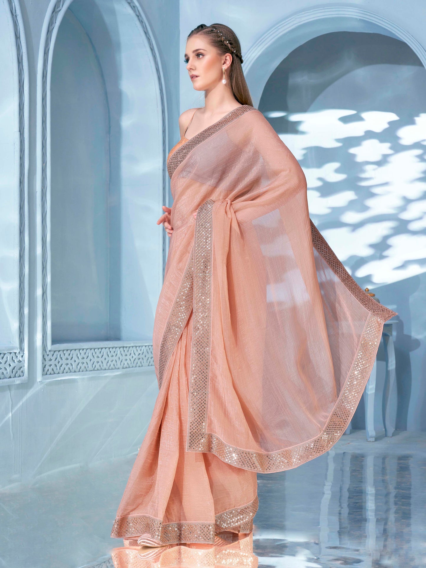 Dhiyona TI Women's Peach Sequined Embroidered Crunchy Saree with Unstitched Blouse