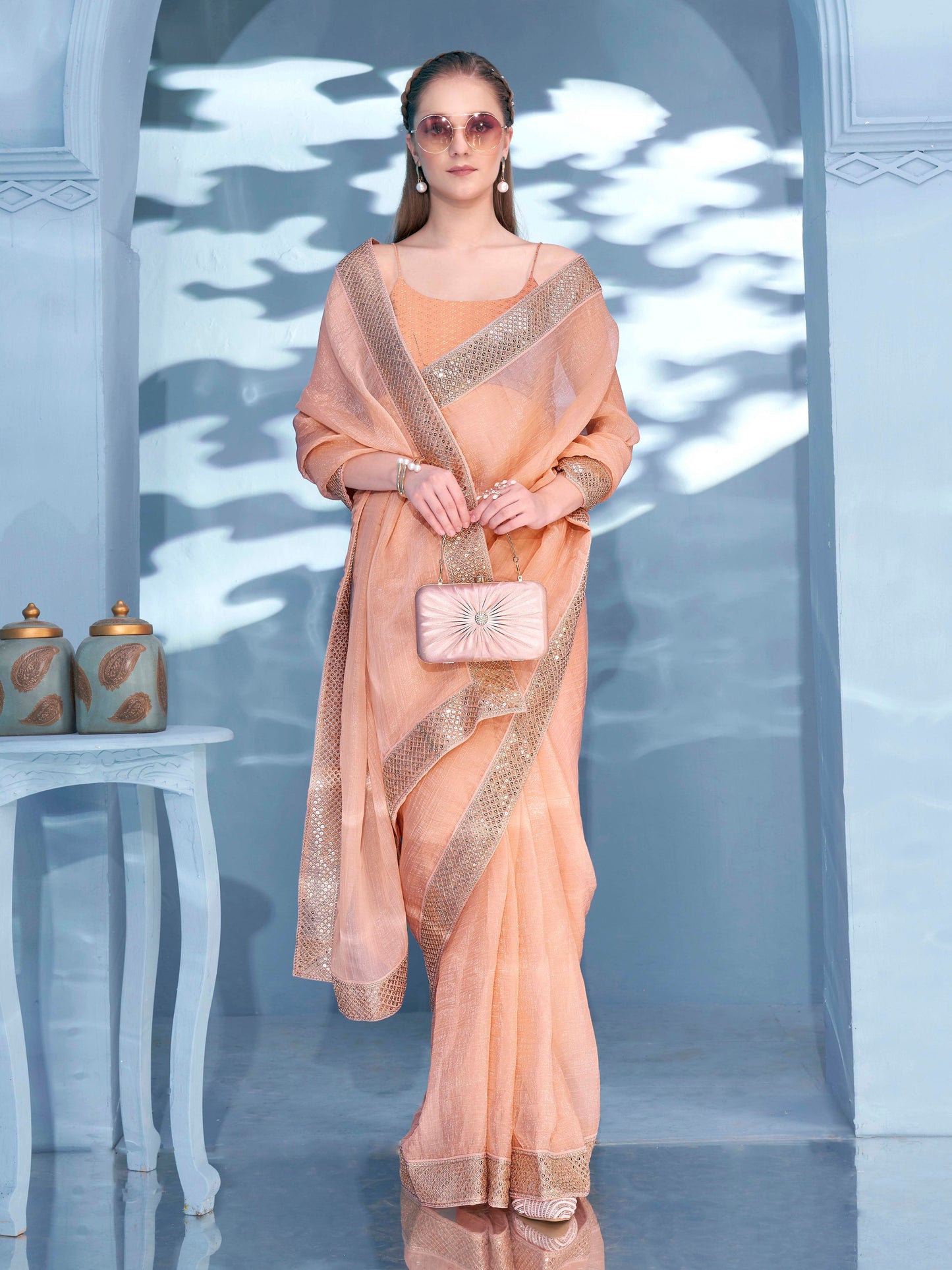 Dhiyona TI Women's Peach Sequined Embroidered Crunchy Saree with Unstitched Blouse
