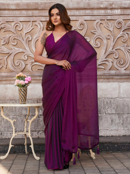 Dhiyona TI Women's Two Tone Purple Solid Saree with Unstitched Blouse