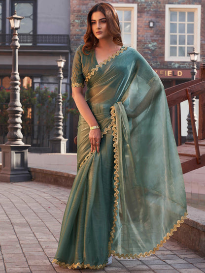 Dhiyona TI Women's Olive Green and Gold Jimmy Lace Saree with Unstitched Blouse