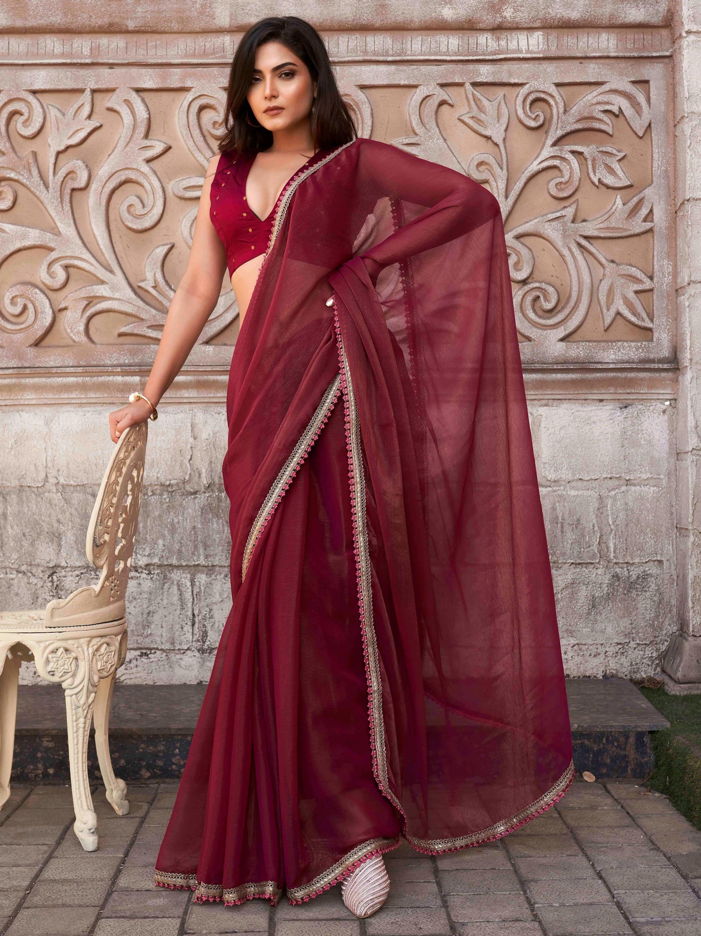 Dhiyona TI Women's Maroon Shimmer Chiffon Saree with Unstitched Blouse