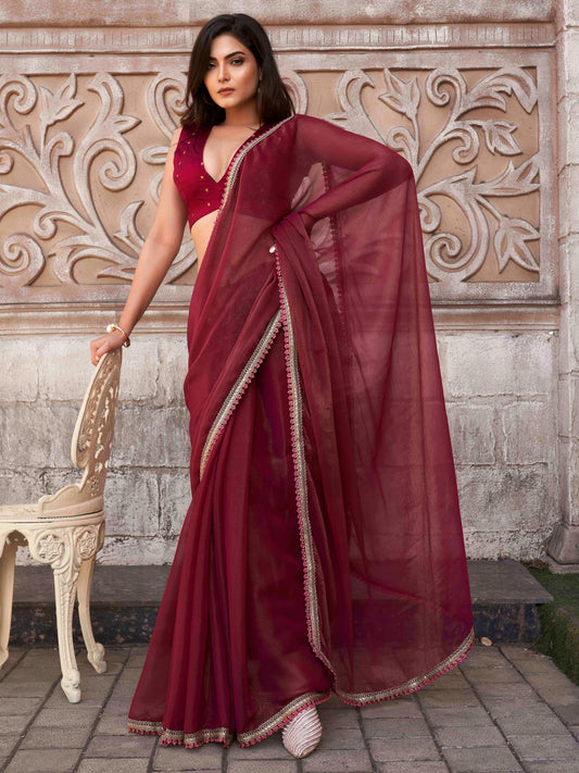 Dhiyona TI Women's Maroon Shimmer Chiffon Saree with Unstitched Blouse