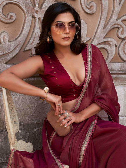 Dhiyona TI Women's Maroon Shimmer Chiffon Saree with Unstitched Blouse