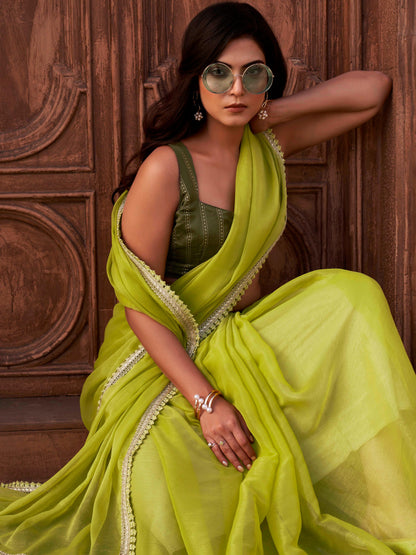 Dhiyona TI Women's Green Shimmer Chiffon Saree with Unstitched Blouse