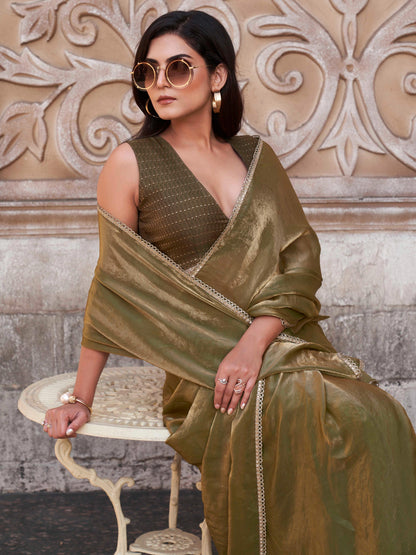Dhiyona TI Women's Pre-Drape Green and Gold Two Tone Satin Saree with Unstitched Blouse