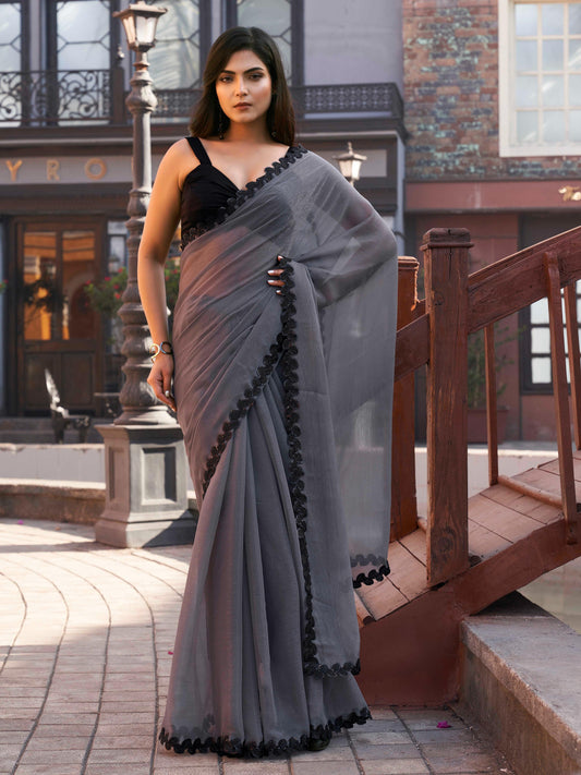 Dhiyona TI Women's Grey Shimmer Chffon Saree with Unstitched Blouse
