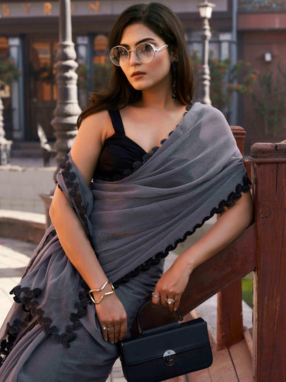 Dhiyona TI Women's Grey Shimmer Chffon Saree with Unstitched Blouse