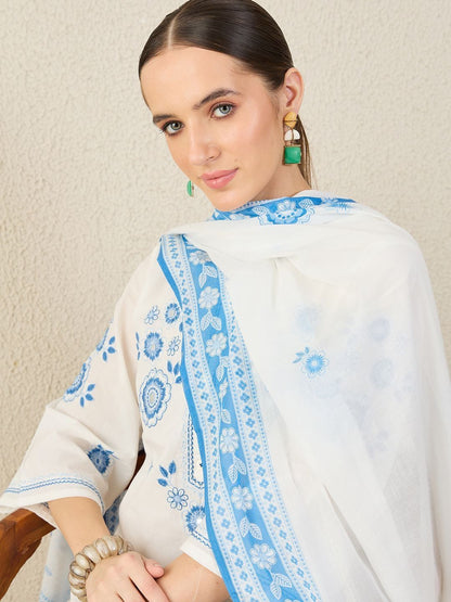 Women Ethnic Motifs Embroidered Regular Pure Cotton Kurta with Trousers & Dupatta