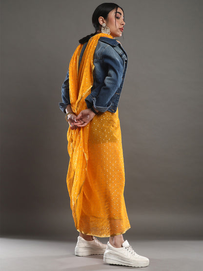 Women's Chiffon Yellow Embellished Designer Saree With Blouse Piece