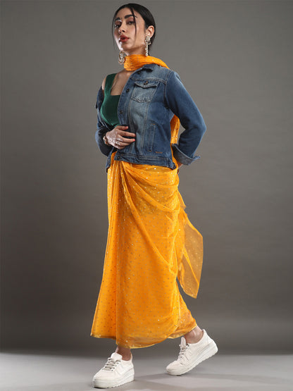 Women's Chiffon Yellow Embellished Designer Saree With Blouse Piece