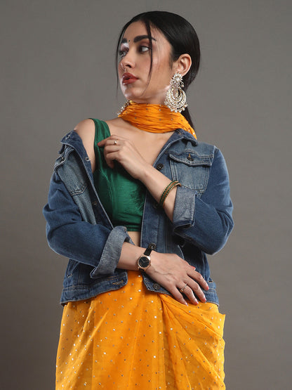 Women's Chiffon Yellow Embellished Designer Saree With Blouse Piece