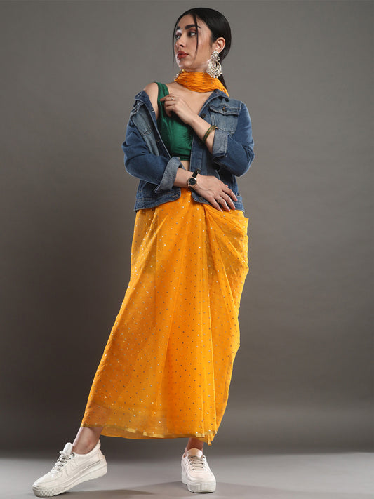 Women's Chiffon Yellow Embellished Designer Saree With Blouse Piece