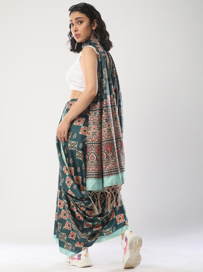 Women's Satin Silk Teal blue Printed Designer Saree With Blouse Piece